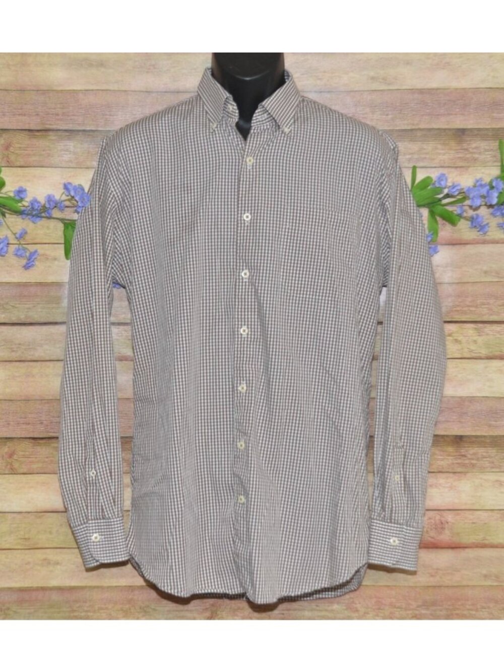 Peter Millar Men’s Nanoluxe Button Down Dress Shirt Brown Check Cotton Size L
